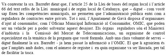 Resposta del Govern Municipal de Gavà a la pregunta formulada per ERC sobre el preu de l'ADSL a Gavà Mar (29 de març de 2007)